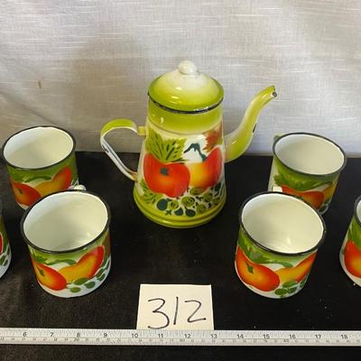 Vintage Graniteware Enamelware Pitcher and Cups