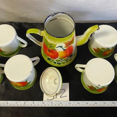 Vintage Graniteware Enamelware Pitcher and Cups