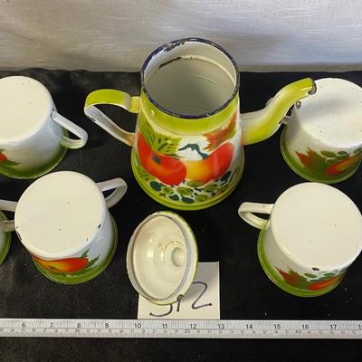 Vintage Graniteware Enamelware Pitcher and Cups