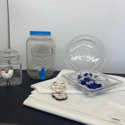 Gallon Glass Beverage Jug, candy dish, table cloth and more!