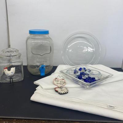 Gallon Glass Beverage Jug, candy dish, table cloth and more!