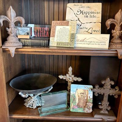 Fleur de Lis hangers, Frames, Signs, Bowl, Cross Decor Everything on 2 shelves