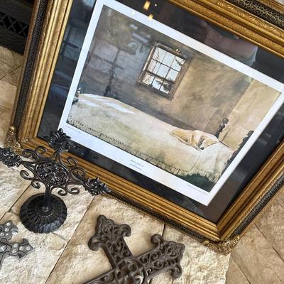 Decor items, candles, dog art print, tall candle holder, crosses