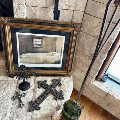 Decor items, candles, dog art print, tall candle holder, crosses