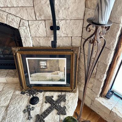 Decor items, candles, dog art print, tall candle holder, crosses