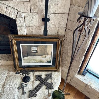 Decor items, candles, dog art print, tall candle holder, crosses