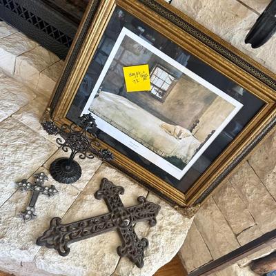 Decor items, candles, dog art print, tall candle holder, crosses