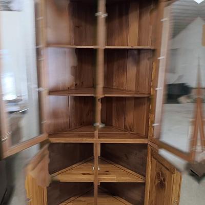 Antique Mastercraft Made in USA Corner Cabinet - Corner display shelf with glass doors and under storage