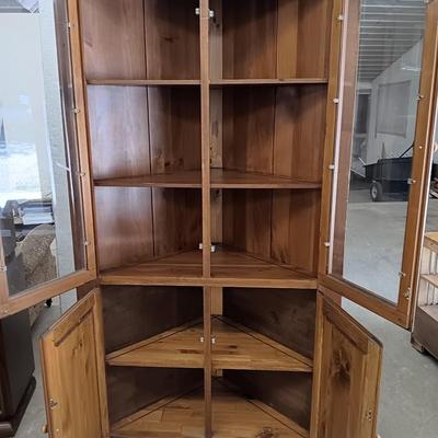 Antique Mastercraft Made in USA Corner Cabinet - Corner display shelf with glass doors and under storage