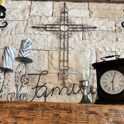 Items from the mantle Large cross, 2 candle holders, Family wall hanging, clock (attached candles not included)