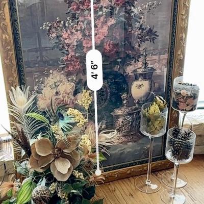 Large scale flower art and set of 3 candlesticks and greenery (measurement in photos)
