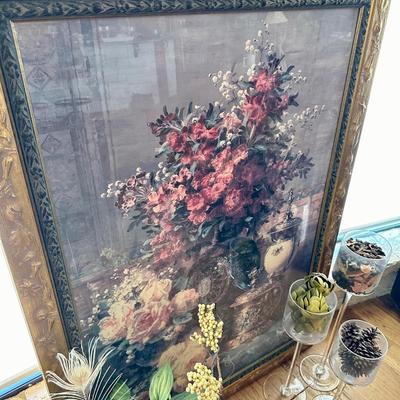 Large scale flower art and set of 3 candlesticks and greenery (measurement in photos)
