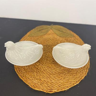White Milk Glass Nesting Hen Dishes, Black Nesting Hen and Cute little trinket box sheep!