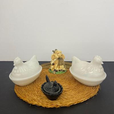 White Milk Glass Nesting Hen Dishes, Black Nesting Hen and Cute little trinket box sheep!