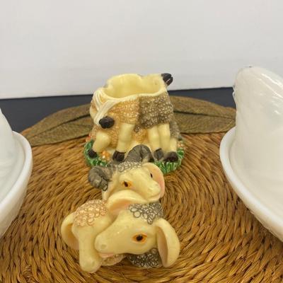 White Milk Glass Nesting Hen Dishes, Black Nesting Hen and Cute little trinket box sheep!