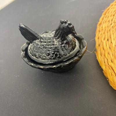 White Milk Glass Nesting Hen Dishes, Black Nesting Hen and Cute little trinket box sheep!