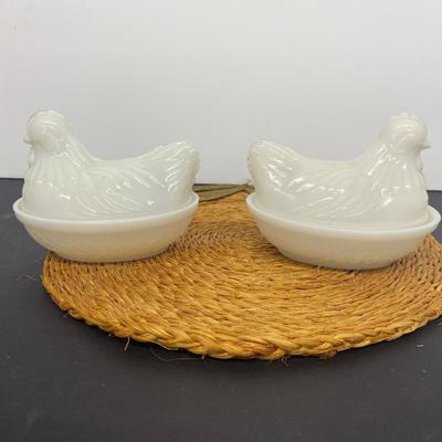 White Milk Glass Nesting Hen Dishes, Black Nesting Hen and Cute little trinket box sheep!