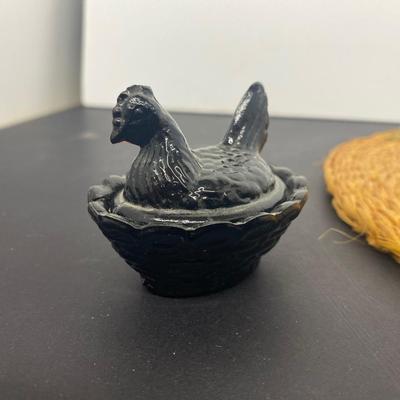 White Milk Glass Nesting Hen Dishes, Black Nesting Hen and Cute little trinket box sheep!