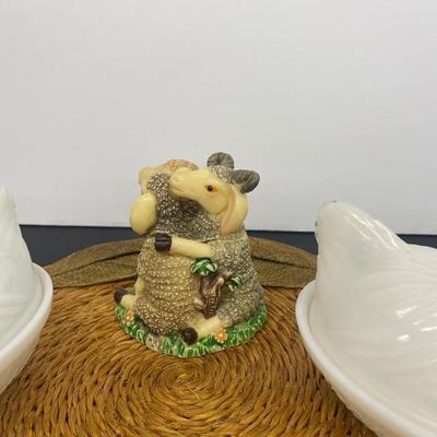 White Milk Glass Nesting Hen Dishes, Black Nesting Hen and Cute little trinket box sheep!