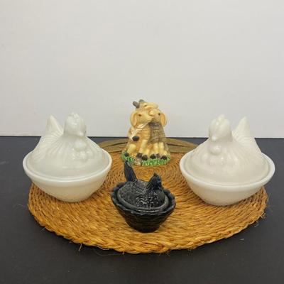 White Milk Glass Nesting Hen Dishes, Black Nesting Hen and Cute little trinket box sheep!