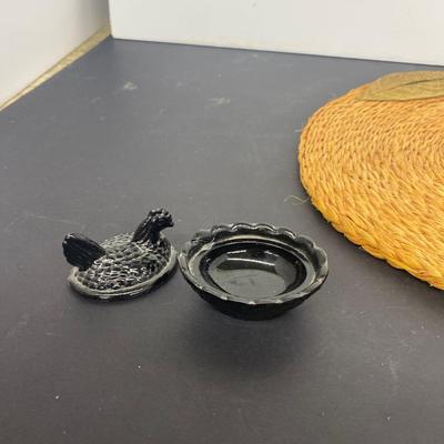 White Milk Glass Nesting Hen Dishes, Black Nesting Hen and Cute little trinket box sheep!