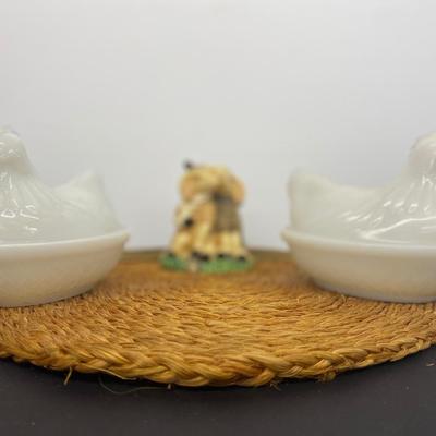 White Milk Glass Nesting Hen Dishes, Black Nesting Hen and Cute little trinket box sheep!