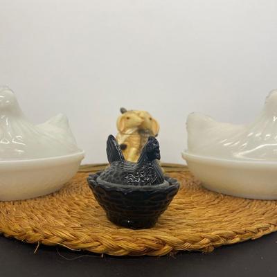 White Milk Glass Nesting Hen Dishes, Black Nesting Hen and Cute little trinket box sheep!