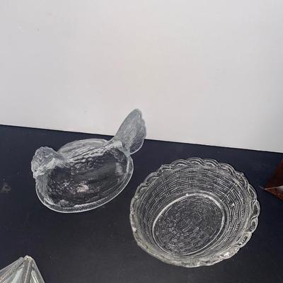 Clear Glass Chick and Hen, Pretty Crystal Wall Pocket and Frames
