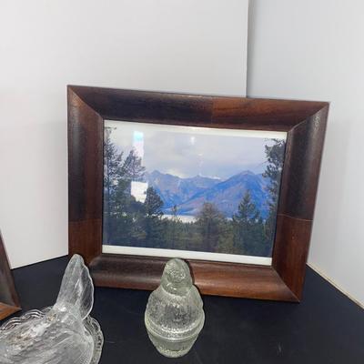 Clear Glass Chick and Hen, Pretty Crystal Wall Pocket and Frames