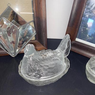 Clear Glass Chick and Hen, Pretty Crystal Wall Pocket and Frames