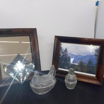 Clear Glass Chick and Hen, Pretty Crystal Wall Pocket and Frames
