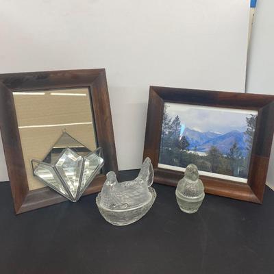 Clear Glass Chick and Hen, Pretty Crystal Wall Pocket and Frames