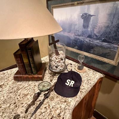 Book Lamp with large shade, vintage hat, desk accessories