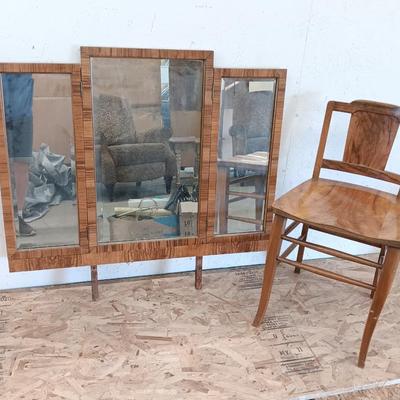 Antique tri folding Vanity mirror and chair