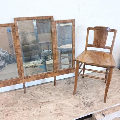 Antique tri folding Vanity mirror and chair