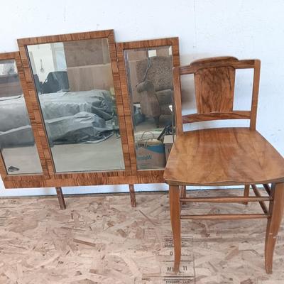 Antique tri folding Vanity mirror and chair