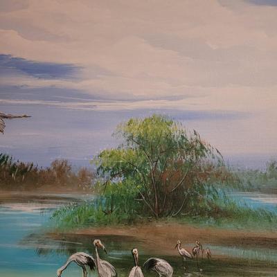 Marsh Bird Scene Framed Painting by Artist Hahn Kim (B1-CE)