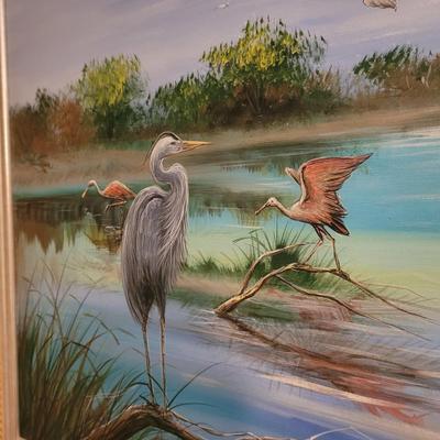 Marsh Bird Scene Framed Painting by Artist Hahn Kim (B1-CE)