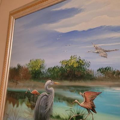 Marsh Bird Scene Framed Painting by Artist Hahn Kim (B1-CE)