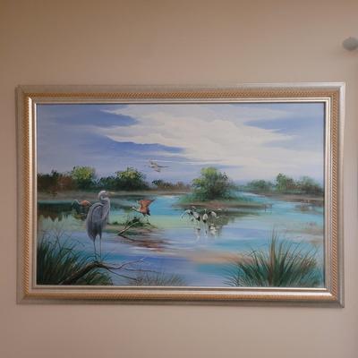 Marsh Bird Scene Framed Painting by Artist Hahn Kim (B1-CE)