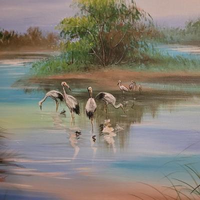 Marsh Bird Scene Framed Painting by Artist Hahn Kim (B1-CE)