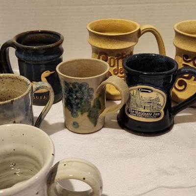 Hand thrown ceramic pottery coffee mug lot, some signed