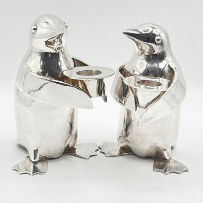 RESTORATION HARDWARE ~ Pair (2) ~ Silver Plated Penguin Candle Bearers
