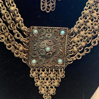 Vintage Middle Eastern Sterling & Turquoise Necklace & Bracelot