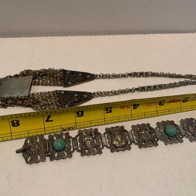 Vintage Middle Eastern Sterling & Turquoise Necklace & Bracelot