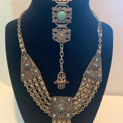 Vintage Middle Eastern Sterling & Turquoise Necklace & Bracelot
