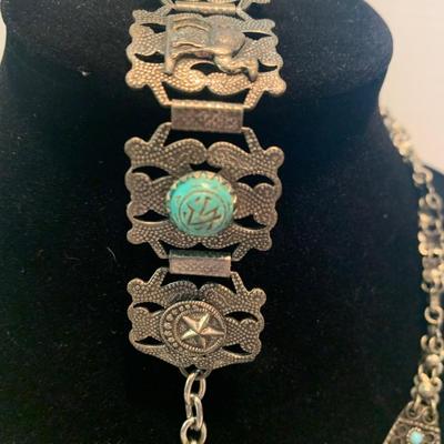 Vintage Middle Eastern Sterling & Turquoise Necklace & Bracelot