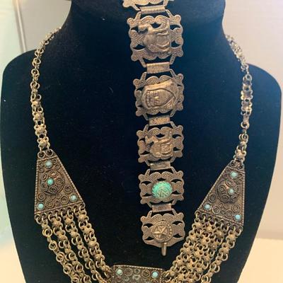 Vintage Middle Eastern Sterling & Turquoise Necklace & Bracelot