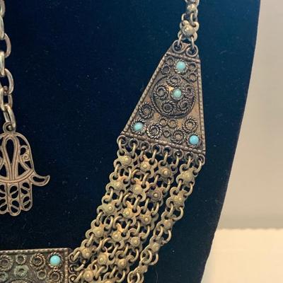 Vintage Middle Eastern Sterling & Turquoise Necklace & Bracelot