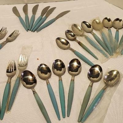 Vintage Castle Stainless Steel Japan Turquoise Handle Flatware Pieces Mixed Lot